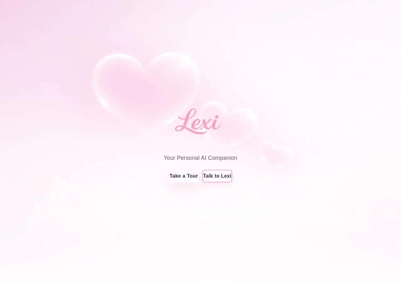 Lexi’s public welcome screen, with Take a Tour and Talk to Lexi controls against a soft pink background.